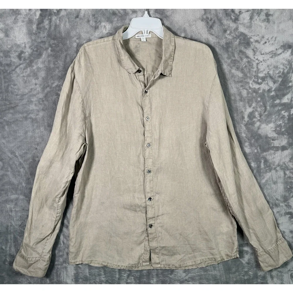 James Perse 100% Linen Button Up Shirt Mens Large 3 Beige Khaki Long Sleeve
